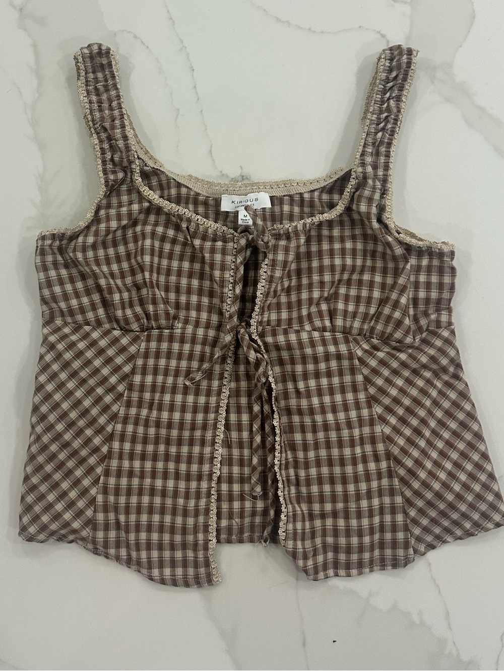KIRIOUS Brown Plaid Tie-Front Tank Top M